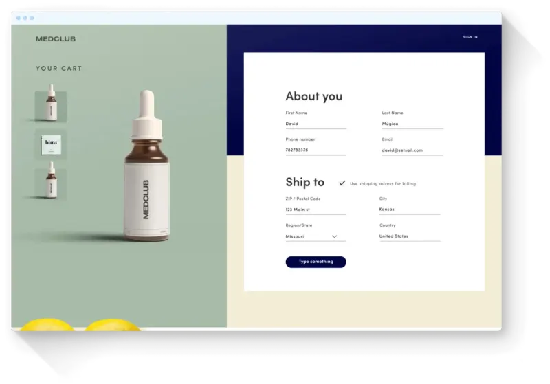MedClub checkout page with a serum bottle in the cart and an About you and Ship to form