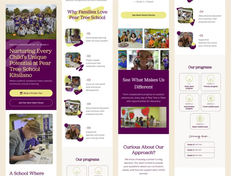Pear Tree School mobile website: 'Nurturing Every Child's Unique Potential' hero, family reasons and program tiles