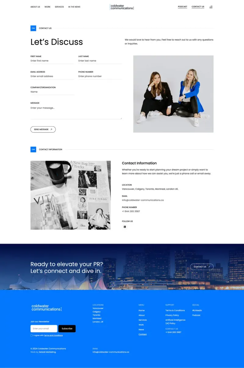 Coldwater Communications contact page with a "Let's Discuss" form, team photo, contact details and blue footer