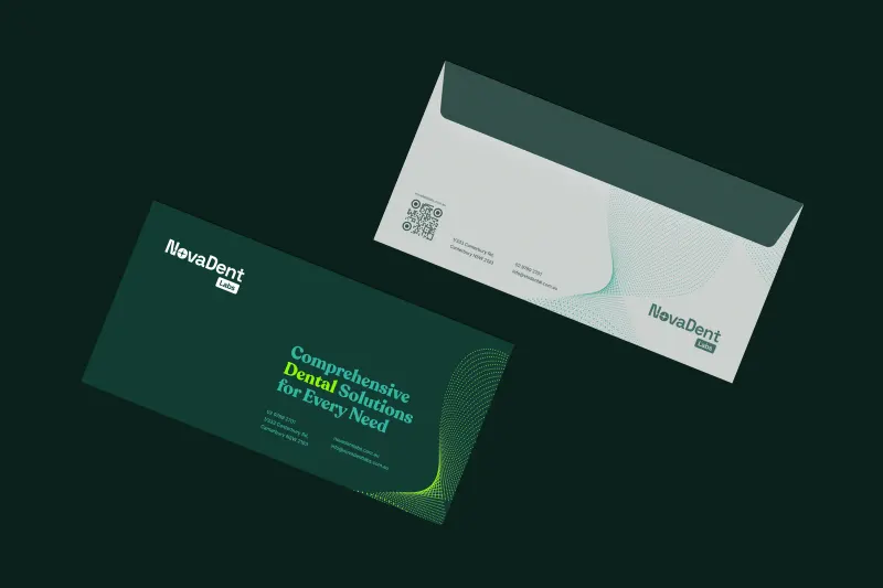 NovaDent Labs envelopes in green and white, with its pattern and QR code