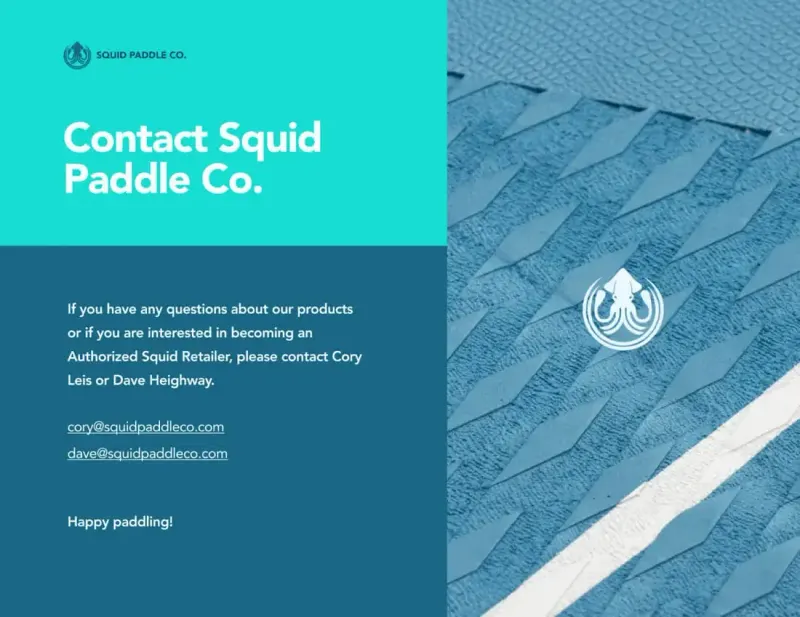 Contact Squid Paddle Co. page with retailer enquiry details beside a close-up of board deck pad texture