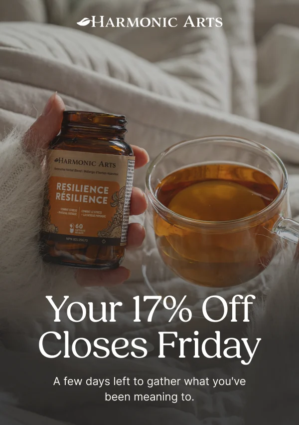 A Harmonic Arts email, “Your 17% Off Closes Friday”, with a Resilience jar and a cup of tea