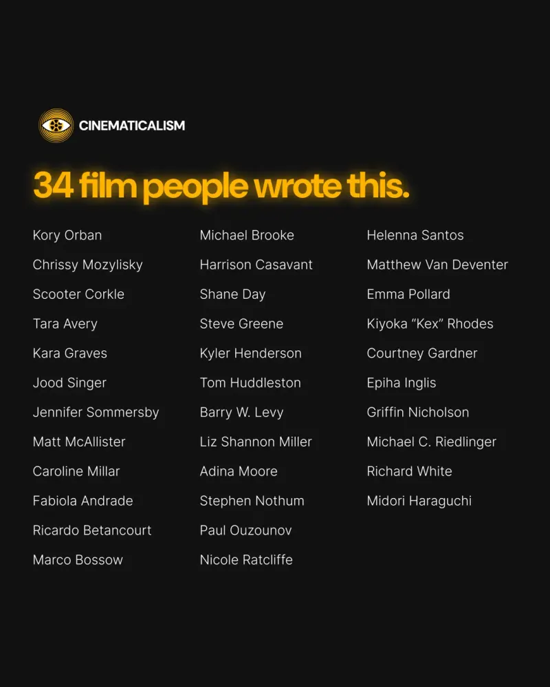 Cinematicalism Meta ad: the book's contributors listed like film credits