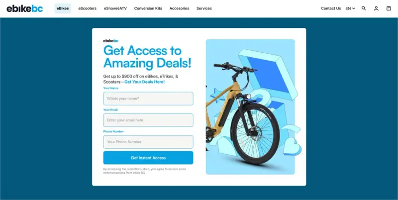 eBike BC sign-up page 'Get Access to Amazing Deals!' with a name, email and phone form beside a yellow e-bike illustration