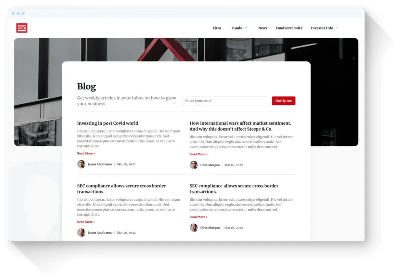 Steepe & Co blog page in a browser with a Notify me email signup and a grid of article previews