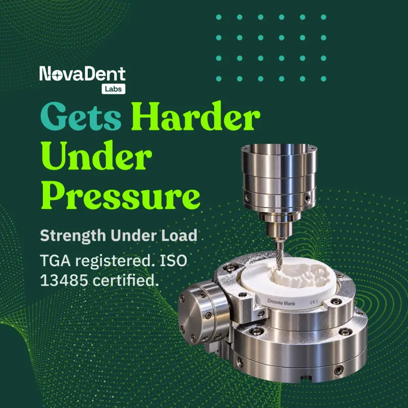 A NovaDent Labs ad, “Gets Harder Under Pressure”, with a zirconia milling machine