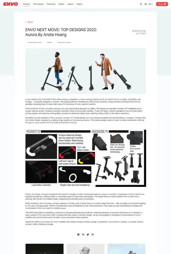 ENVO blog article page about a 2022 Next Move design contest e-scooter, with concept sketches and diagrams