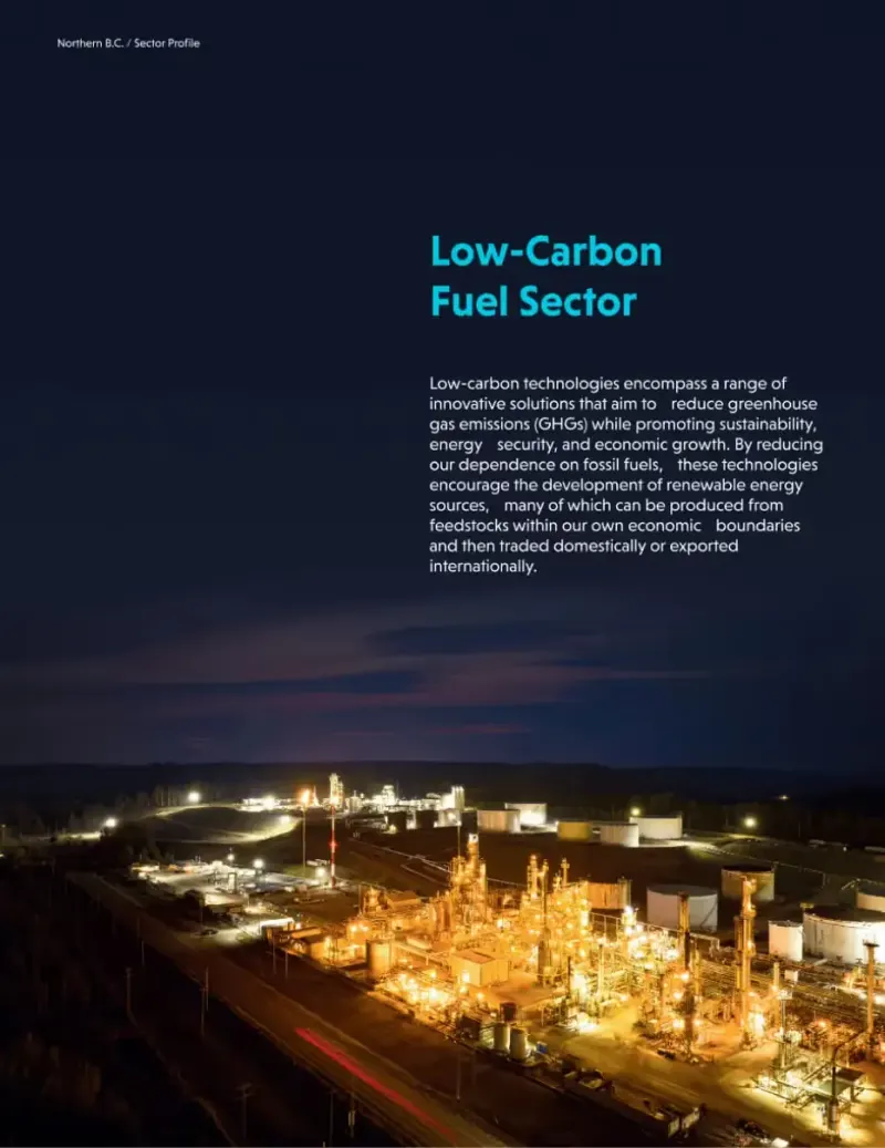 Prince George sector profile page 'Low-Carbon Fuel Sector' above a night photo of a lit industrial facility