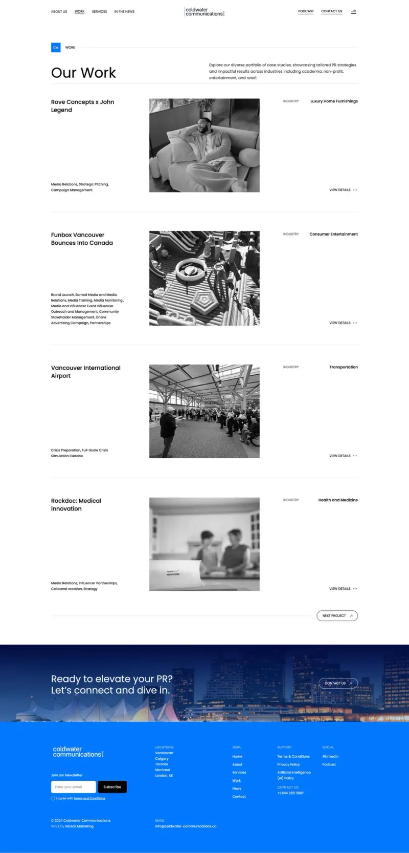 Coldwater Communications "Our Work" page listing four black-and-white project cards with industry labels