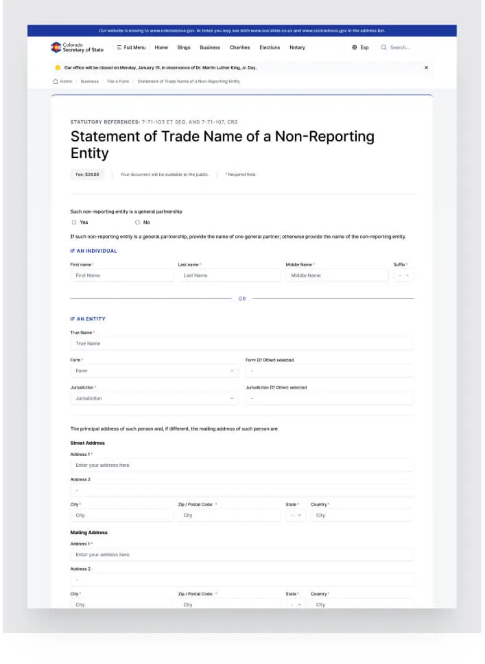 Online Statement of Trade Name form page from the Colorado Secretary of State website design