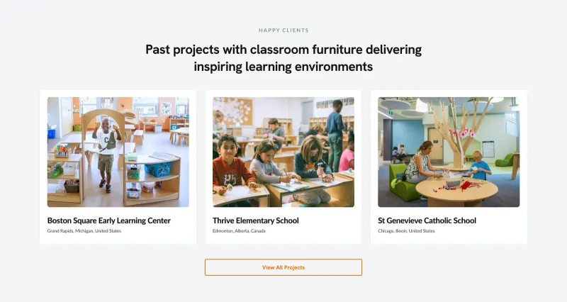 Natural Pod’s past projects section: Boston Square Early Learning Center, Thrive Elementary School and St Genevieve Catholic School