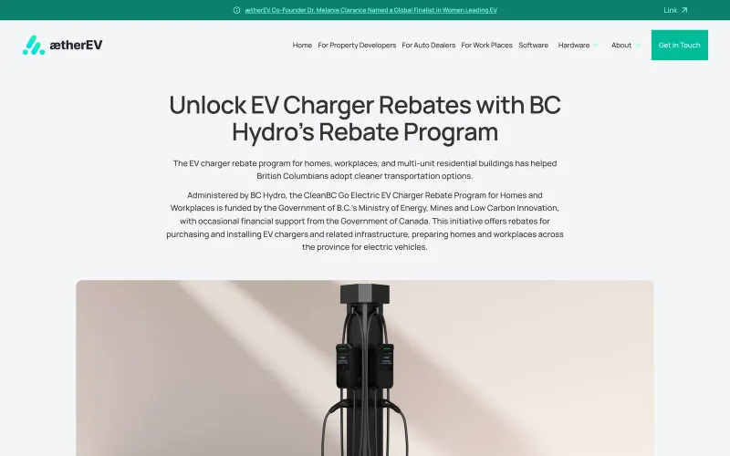AetherEV’s rebates page, “Unlock EV Charger Rebates with BC Hydro’s Rebate Program”