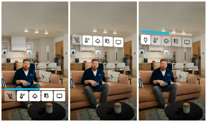 Three BC Hydro video frames of a man on a sofa with an animated row of energy-saving icons and a progress bar