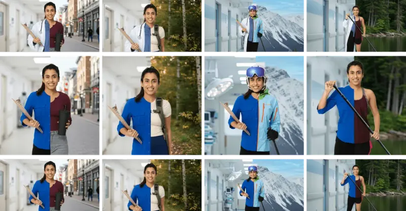 Grid of ad images of a healthcare worker, half in scrubs and half in outdoor gear, against hospital and nature scenes