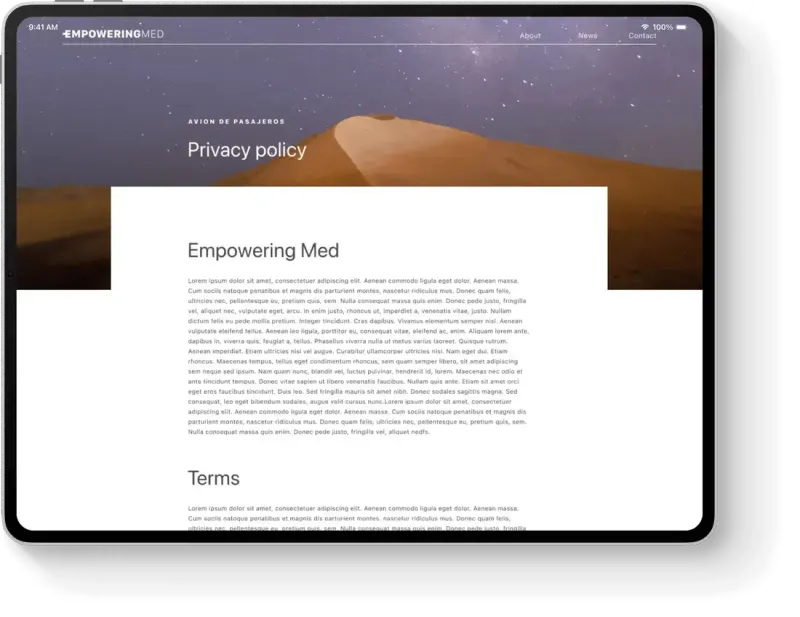 Empowering Med tablet privacy policy page over a starry desert dune header with placeholder legal text