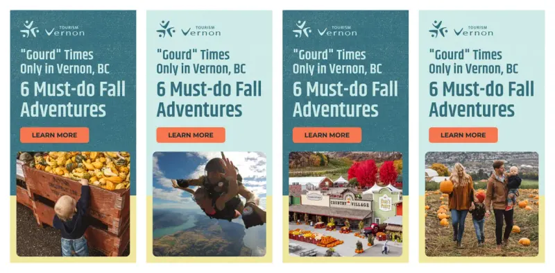 Four Tourism Vernon display ads: "Gourd Times Only in Vernon, BC" and "6 Must-do Fall Adventures" with autumn photos