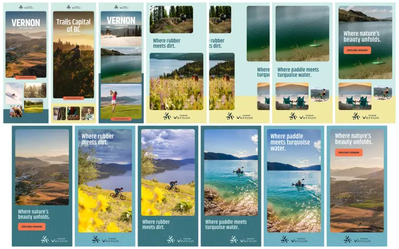 Set of Tourism Vernon vertical ads with slogans like "Where rubber meets dirt" and "Where nature's beauty unfolds"