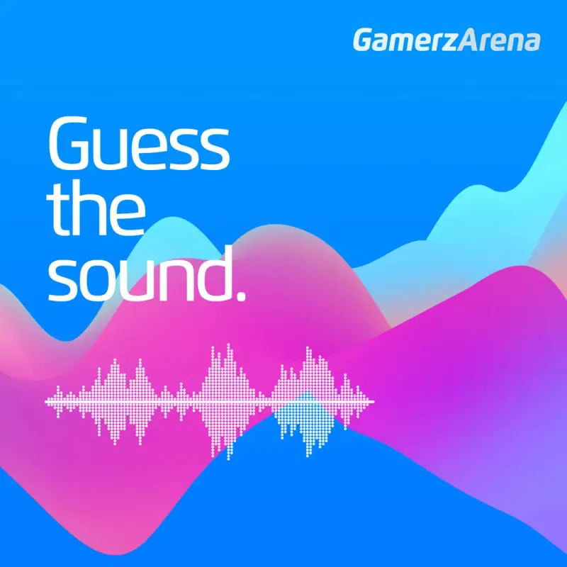 GamerzArena "Guess the sound." social graphic with a white audio waveform over pink and blue waves