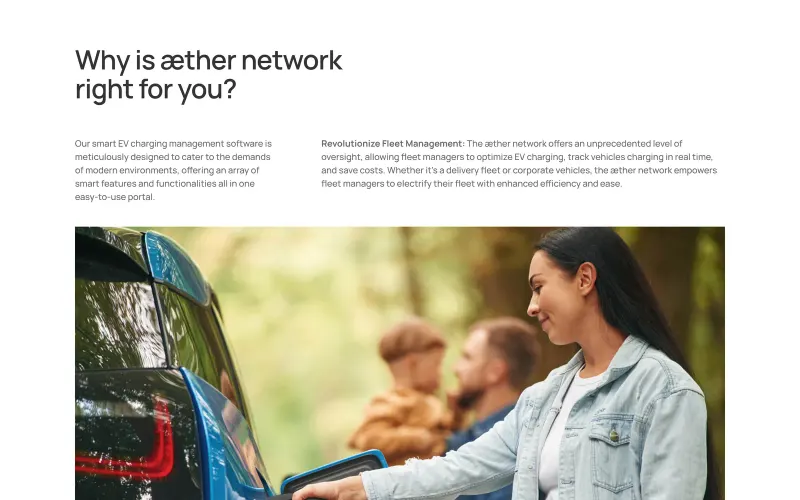 AetherEV’s home page section “Why is æther network right for you?”, on its charging software for fleets