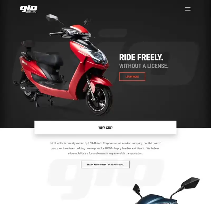 GIO Electric website homepage with a red scooter and the headline Ride Freely. Without a License.