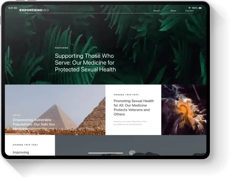 Empowering Med tablet news page with a featured article on sexual health over fern leaves and article tiles