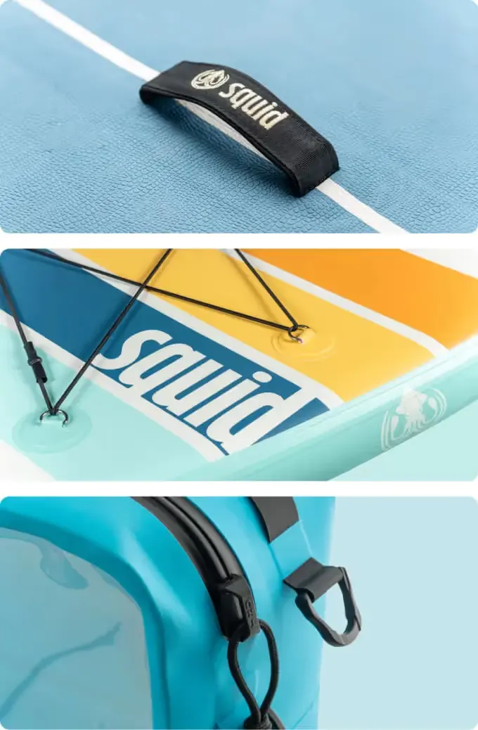 Three close-up product details: a board carry handle, bungee cargo lacing, and a teal bag with D-ring