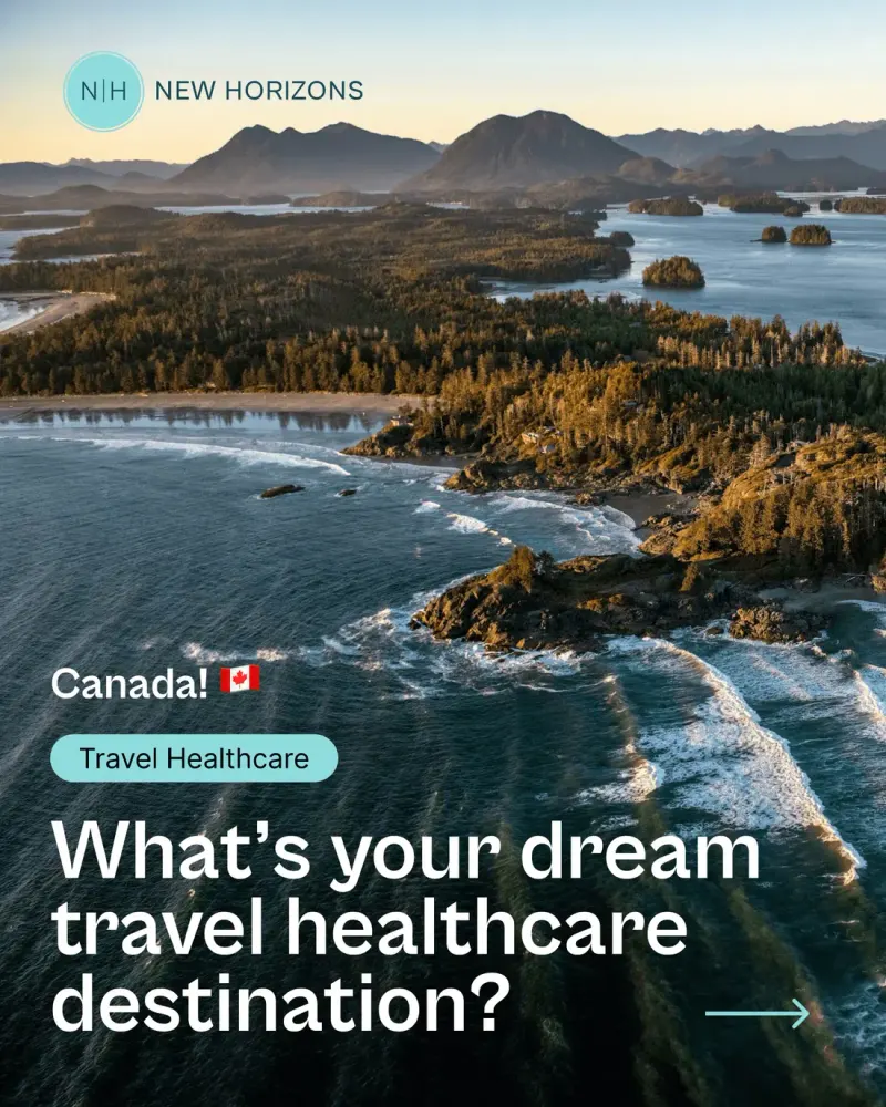 New Horizons social post: aerial coastline of Canada with the headline 'What's your dream travel healthcare destination?'