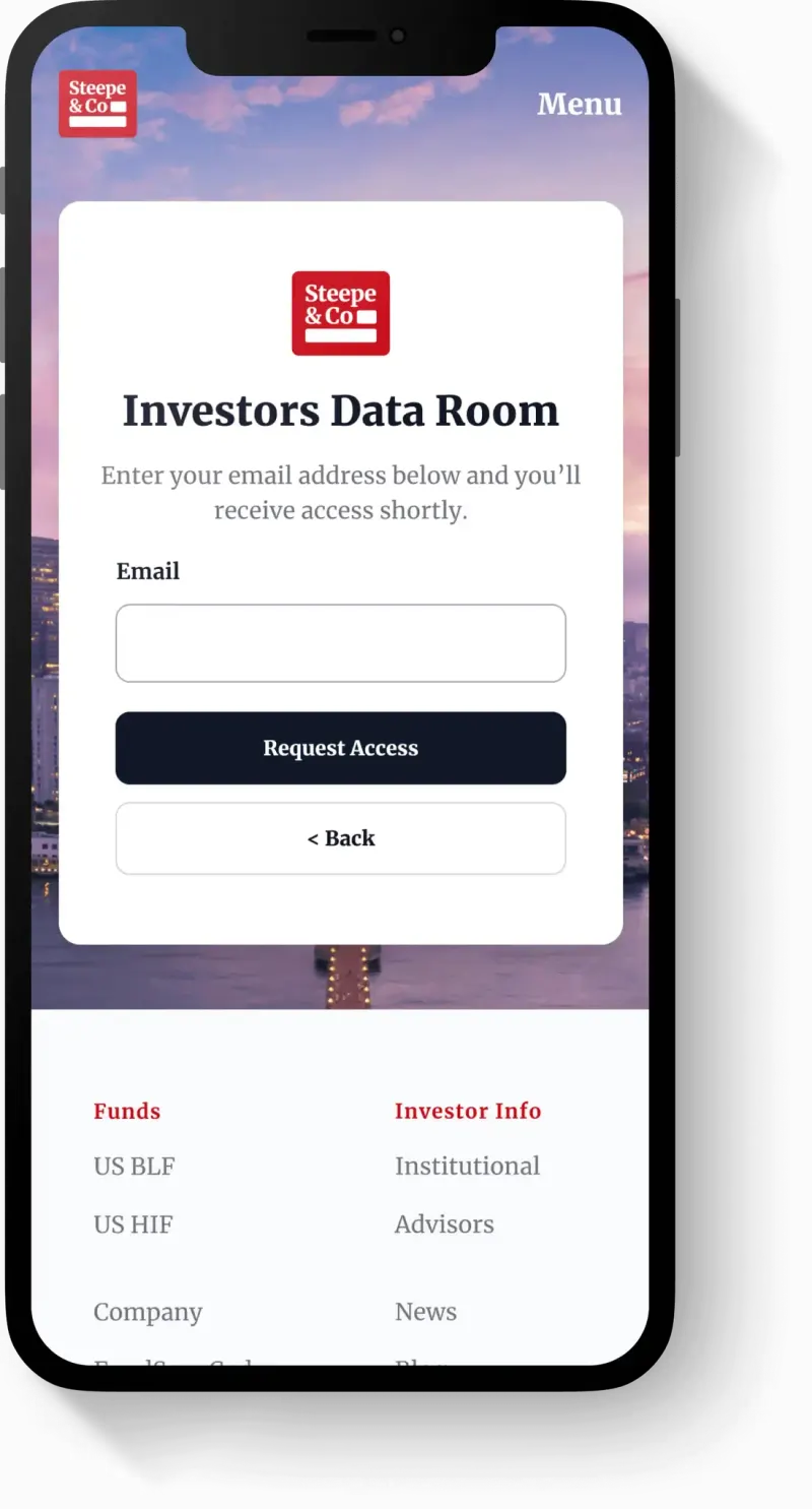 Steepe & Co mobile Investors Data Room access form with an email field and Request Access button over a city dusk photo