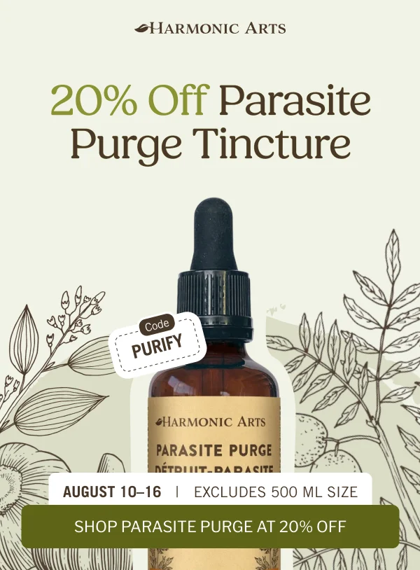 A Harmonic Arts email, “20% Off Parasite Purge Tincture”, with a tincture bottle among botanical drawings