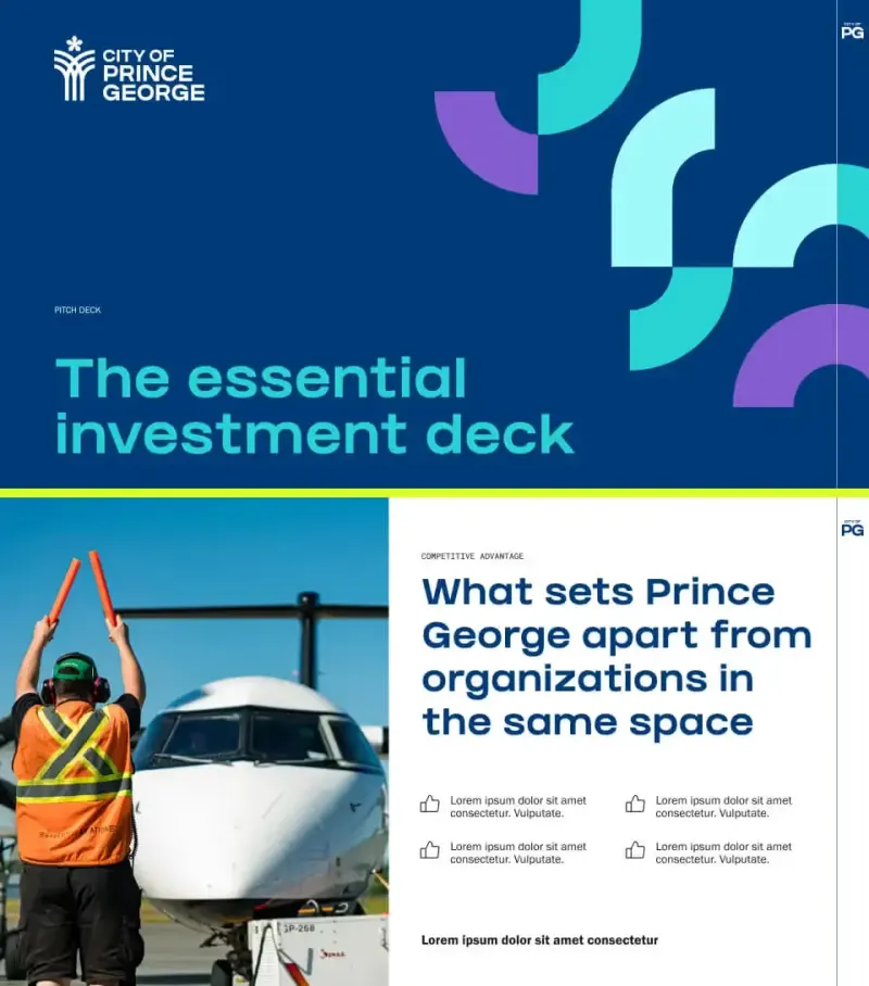 Prince George deck slides: 'The essential investment deck' cover and a slide with a ground crew worker guiding a plane