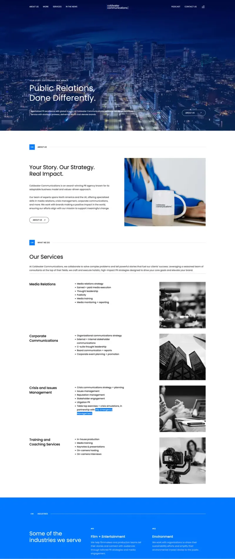 Coldwater Communications home page: "Public Relations, Done Differently" hero over a city skyline, then services