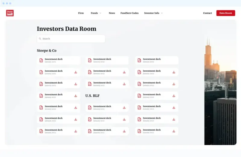 Steepe & Co Investors Data Room page in a browser: a searchable grid of investment deck downloads beside a skyscraper photo