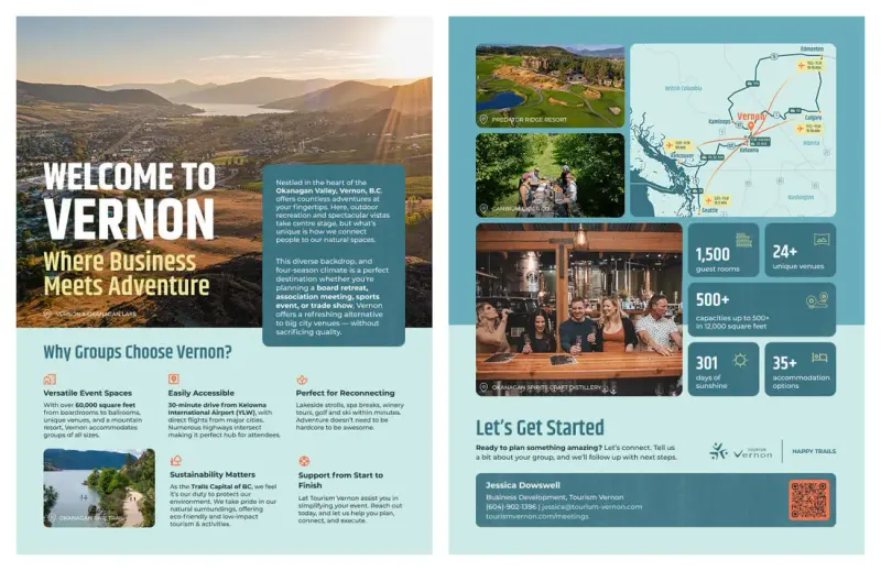 Two-page Tourism Vernon meetings brochure "Welcome to Vernon: Where Business Meets Adventure" with a map and venue facts