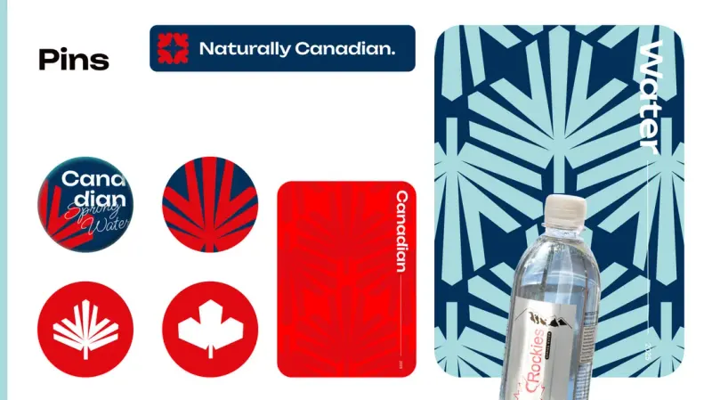 Crockies pins, a "Naturally Canadian" tag, patterned Water cards and a Crockies spring water bottle on a snowflake pattern