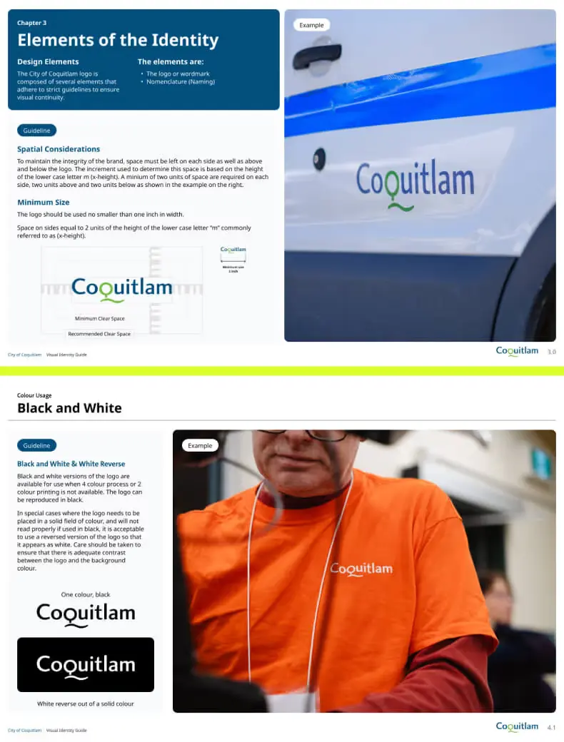 Coquitlam brand guide pages on logo spacing with a vehicle decal, and black and white logo use on an orange volunteer shirt