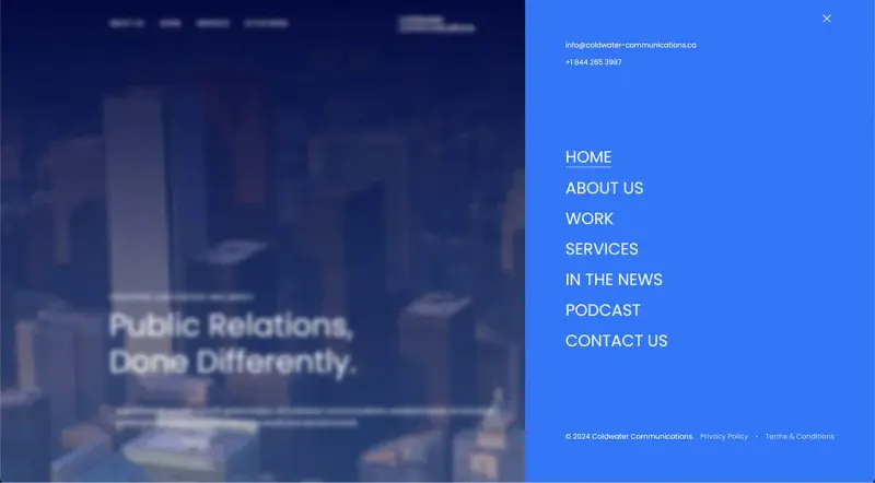 Coldwater Communications website menu panel in blue listing Home, About Us, Work, Services and Contact Us