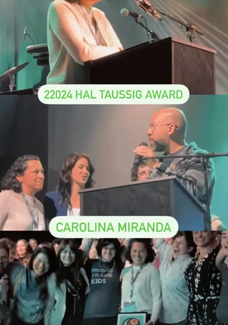 Retreat award moments captioned '2024 Hal Taussig Award' and 'Carolina Miranda', with a cheering group of attendees