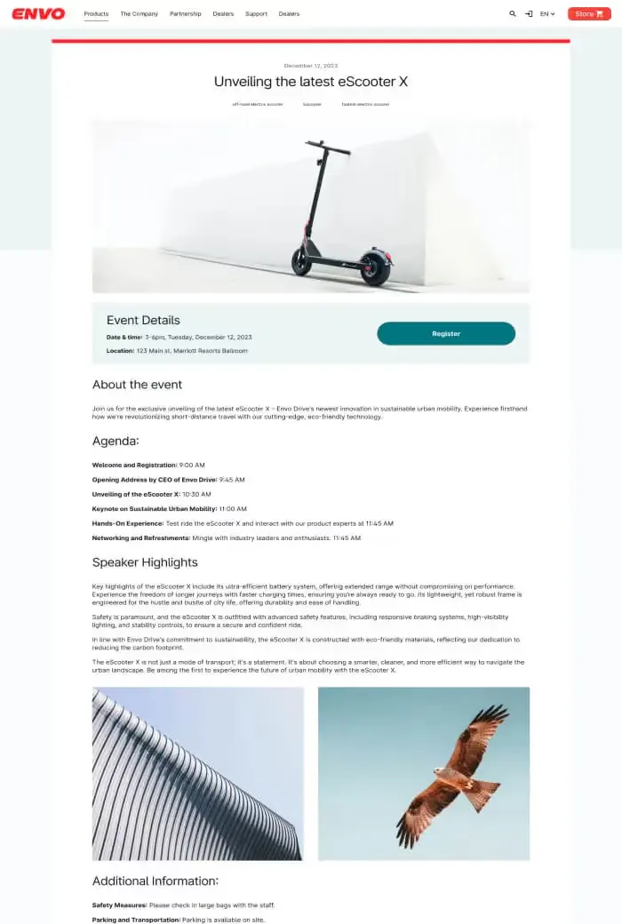 ENVO event page titled 'Unveiling the latest eScooter X' with an e-scooter hero image, event details and agenda