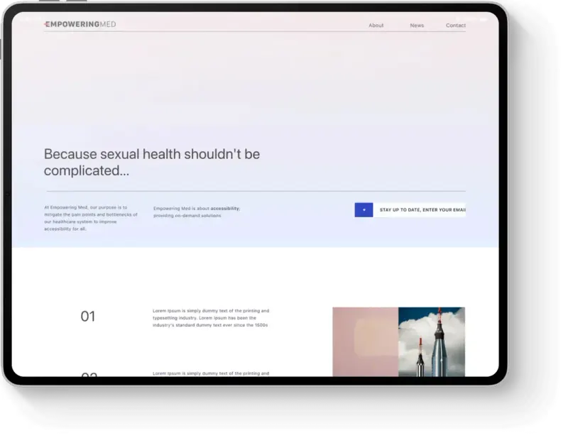 Empowering Med tablet page "Because sexual health shouldn't be complicated..." with an email signup field