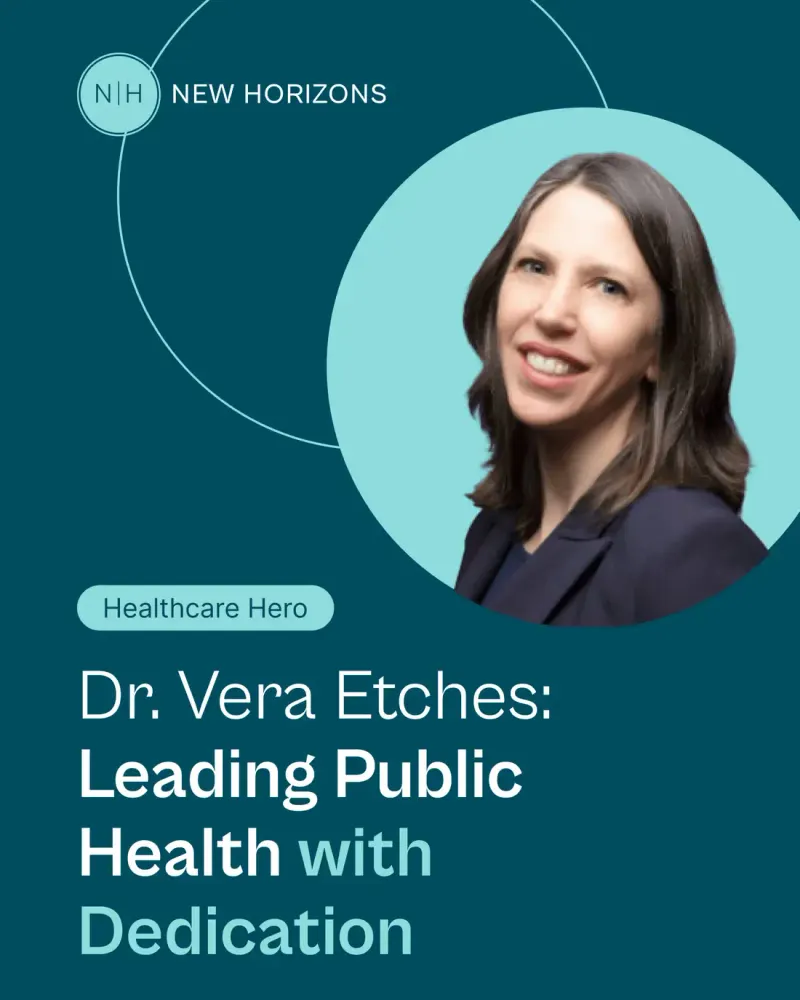 New Horizons social post profiling Dr. Vera Etches with a circular portrait on a dark teal background