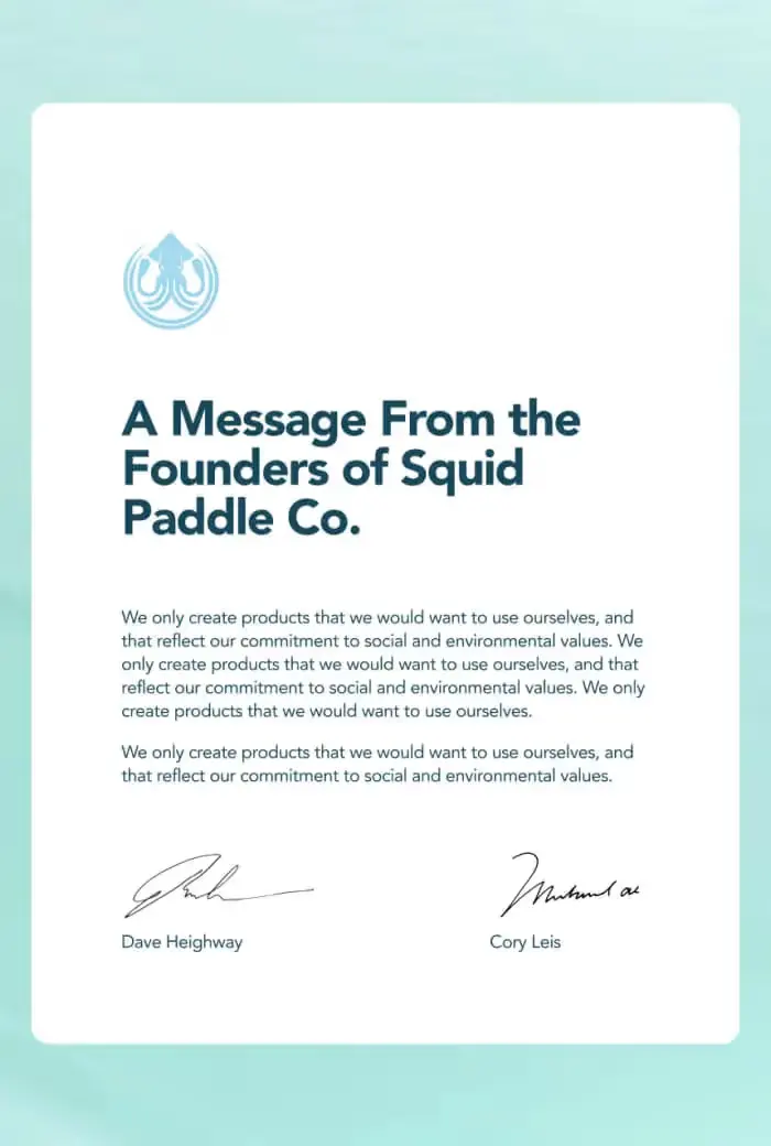 Squid Paddle Co. founders message page with the squid logo and two handwritten signatures