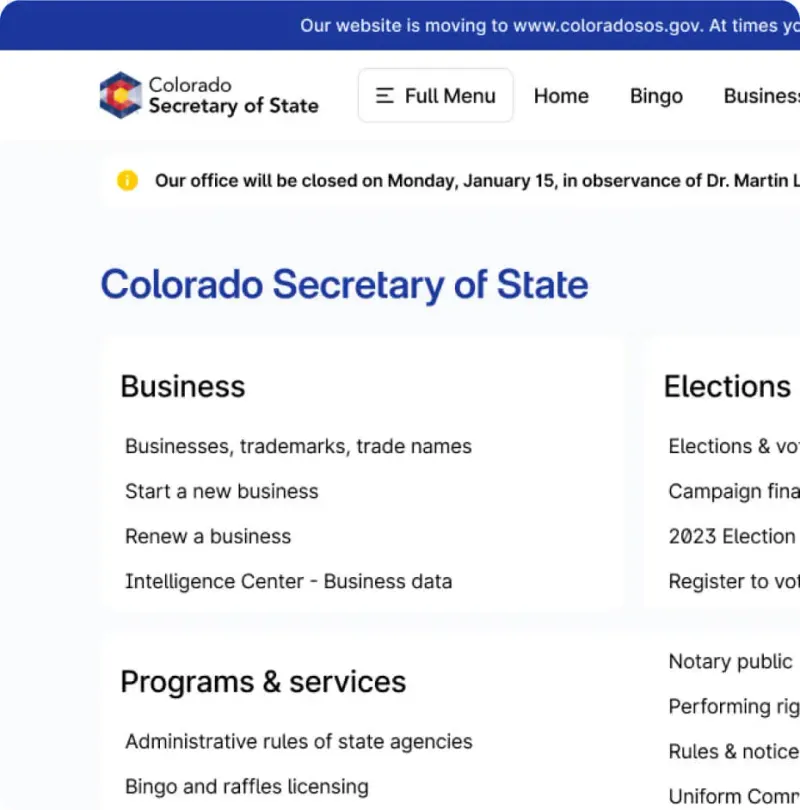 Close-up of the Colorado Secretary of State site header, banner and Business, Elections and Programs menus