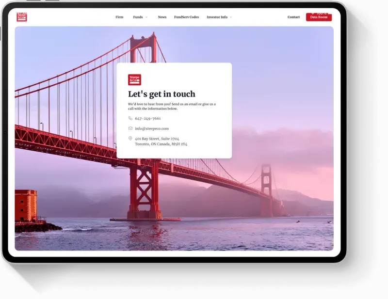 Steepe & Co tablet contact page: "Let's get in touch" card with phone, email and Toronto address over the Golden Gate Bridge