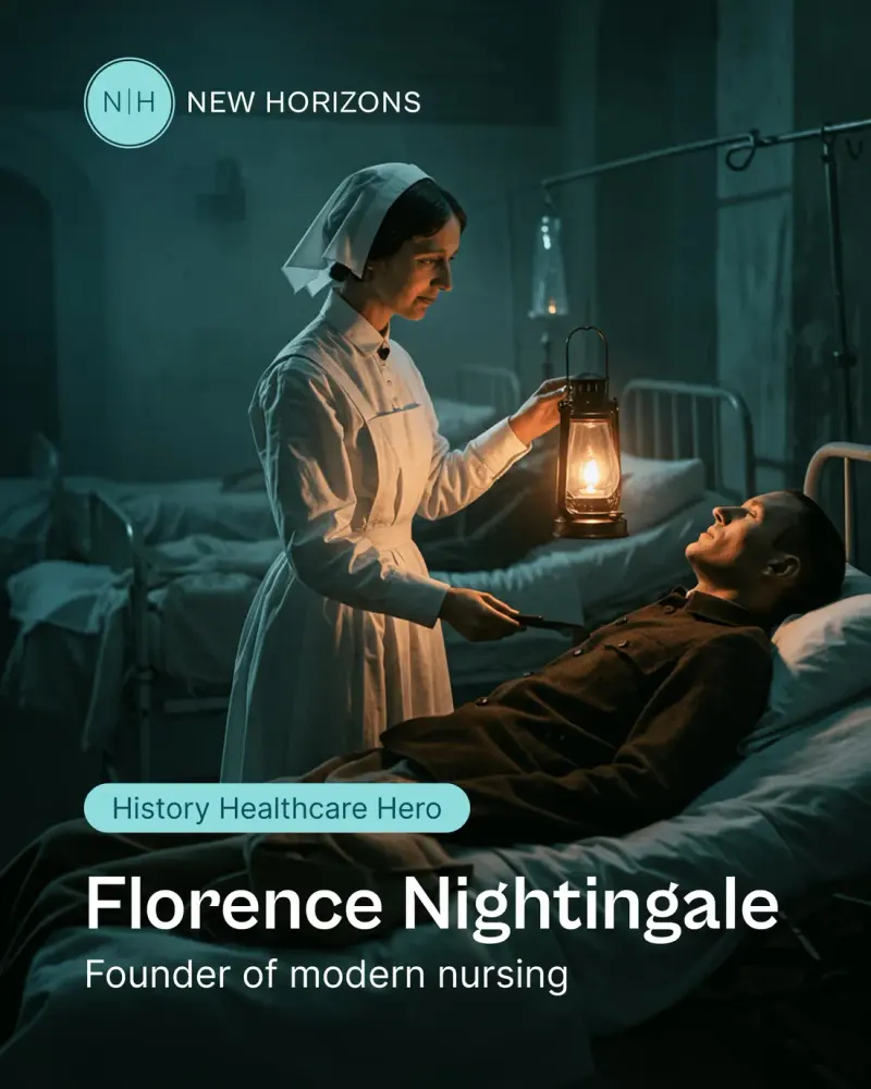 New Horizons social post 'Florence Nightingale, Founder of modern nursing' showing a nurse with a lantern beside a patient