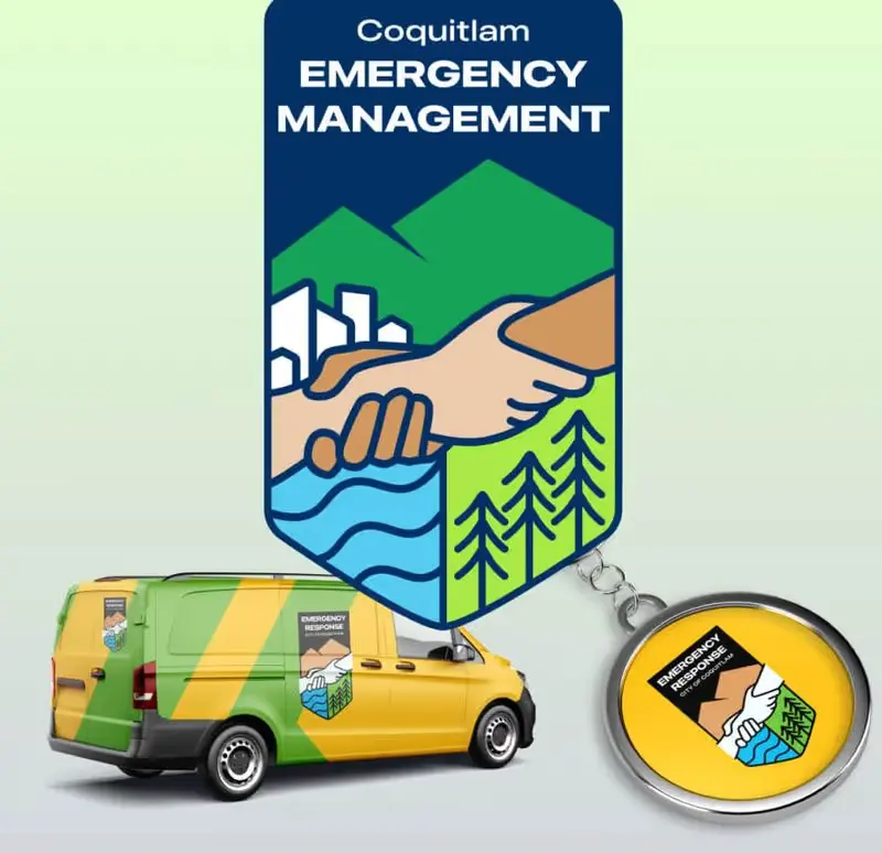 Alternate Coquitlam Emergency Management badge with a handshake, mountains and trees, plus a yellow van and keychain