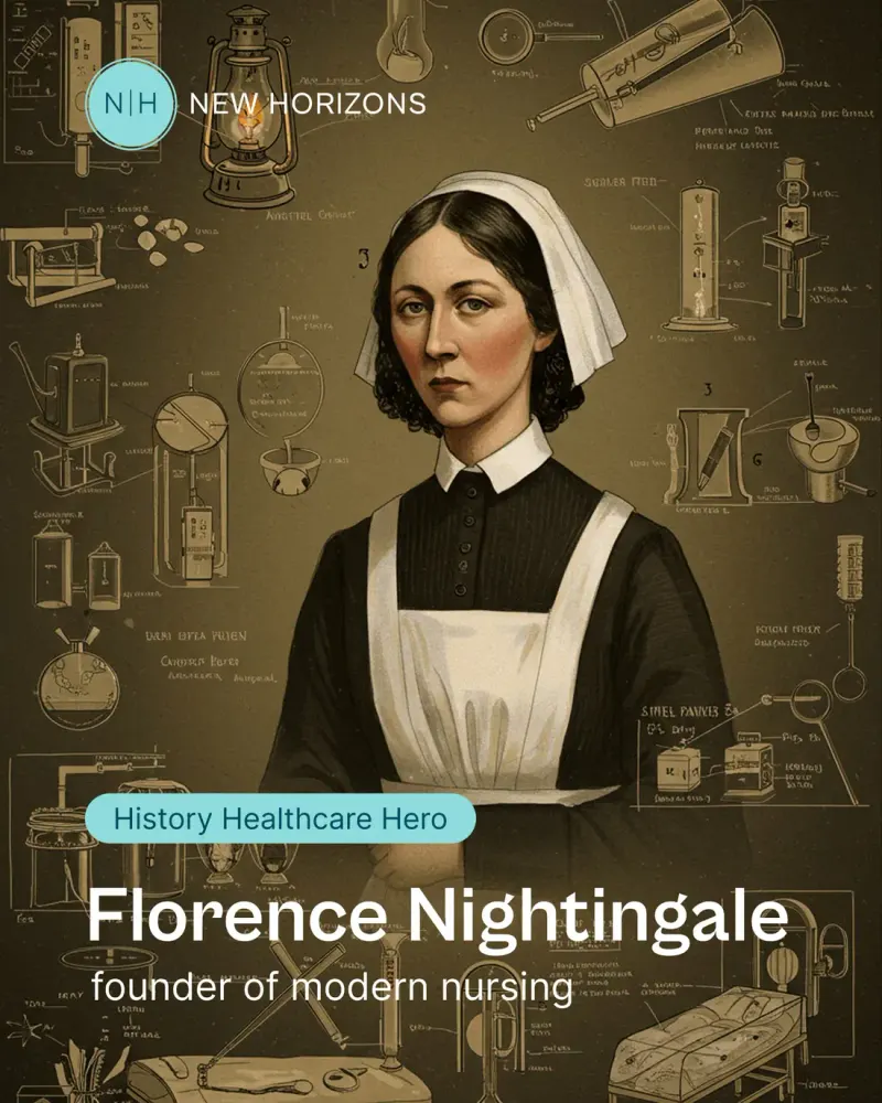 New Horizons social post with a vintage-style illustration of Florence Nightingale among medical instrument sketches