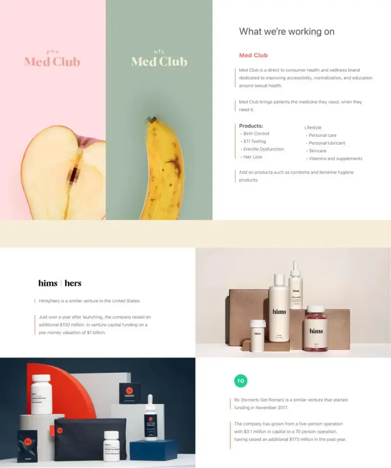 Empowering Med "What we're working on" slide on Med Club, with Hims & Hers and Ro competitor product photos