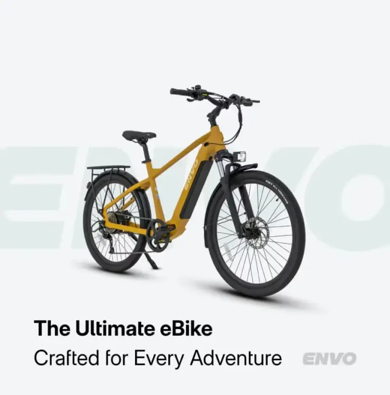ENVO social post 'The Ultimate eBike, Crafted for Every Adventure' featuring a yellow electric bike