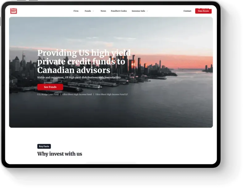 Steepe & Co tablet homepage hero over a city waterfront at sunset, with See Funds button and Why invest with us heading