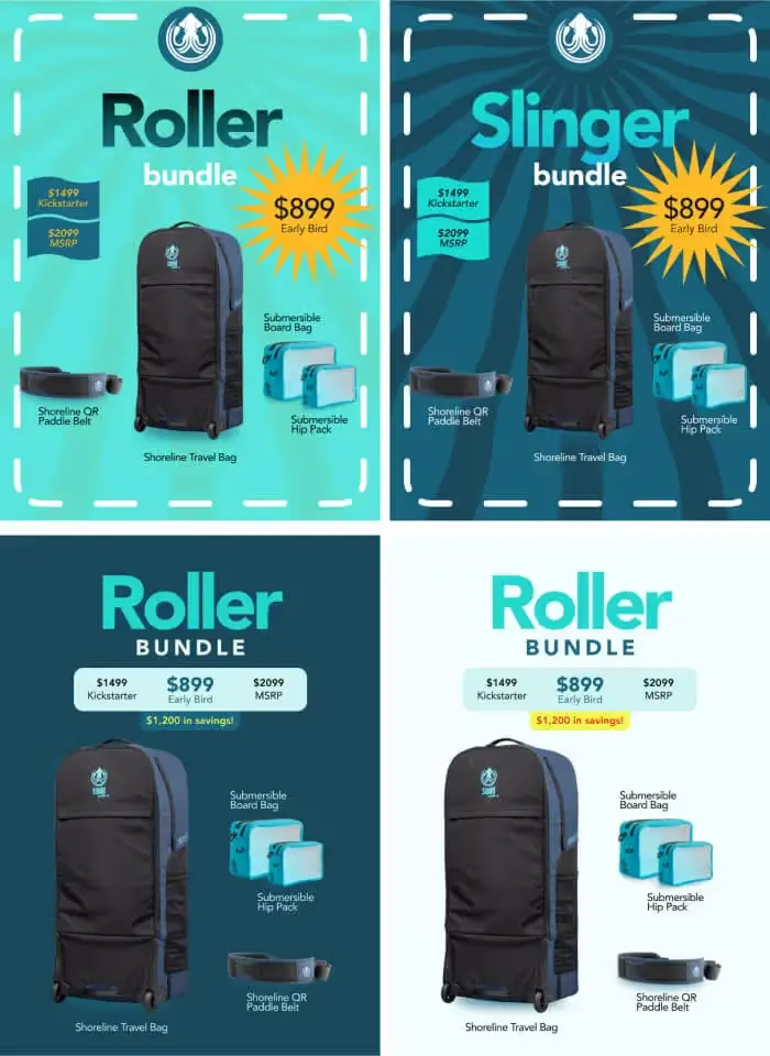 Four Squid Paddle Roller and Slinger bundle promo layouts showing a $899 Early Bird price against $2099 MSRP